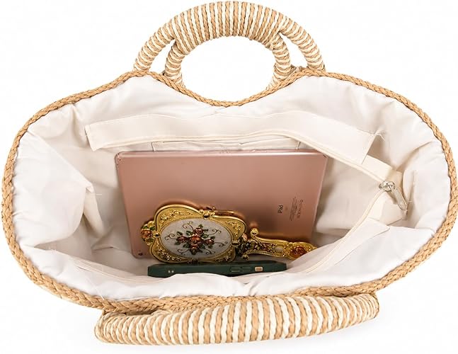 Borsa in paglia intrecciata a mano da donna, borsa estiva da spiaggia, borsetta retrò in rattan, pochette da viaggio con manico superiore rotondo in legno