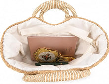 Carica l'immagine nel visualizzatore di Gallery, Borsa in paglia intrecciata a mano da donna, borsa estiva da spiaggia, borsetta retrò in rattan, pochette da viaggio con manico superiore rotondo in legno