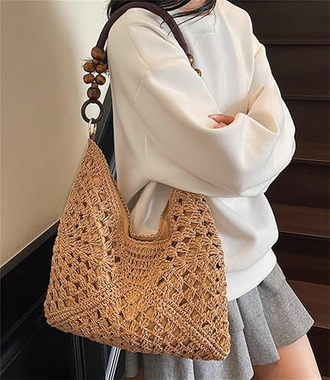 Borsa da spiaggia estiva da donna in paglia intrecciata, grande, stile bohémien, borsa a tracolla all'uncinetto fatta a mano, borsa per le vacanze.