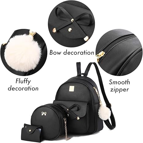 Zaino in pelle alla moda a 3 pezzi con fiocco per ragazze, borsa a tracolla per donna.