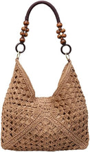 Carica l'immagine nel visualizzatore di Gallery, Borsa da spiaggia estiva da donna in paglia intrecciata, grande, stile bohémien, borsa a tracolla all'uncinetto fatta a mano, borsa per le vacanze.