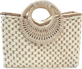 Borsa in paglia intrecciata a mano da donna, borsa estiva da spiaggia, borsetta retrò in rattan, pochette da viaggio con manico superiore rotondo in legno