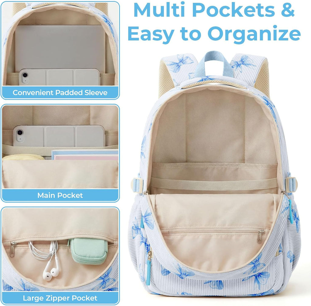 Zaino in velluto a coste per bambine, grazioso zaino scolastico dal design accattivante con molteplici tasche, borsa leggera adatta a laptop da 15,6".