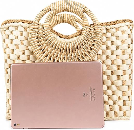 Borsa in paglia intrecciata a mano da donna, borsa estiva da spiaggia, borsetta retrò in rattan, pochette da viaggio con manico superiore rotondo in legno