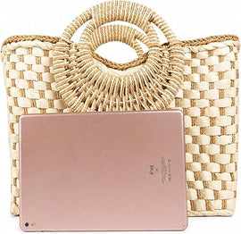 Borsa in paglia intrecciata a mano da donna, borsa estiva da spiaggia, borsetta retrò in rattan, pochette da viaggio con manico superiore rotondo in legno