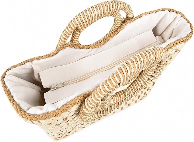 Borsa in paglia intrecciata a mano da donna, borsa estiva da spiaggia, borsetta retrò in rattan, pochette da viaggio con manico superiore rotondo in legno