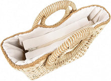 Carica l'immagine nel visualizzatore di Gallery, Borsa in paglia intrecciata a mano da donna, borsa estiva da spiaggia, borsetta retrò in rattan, pochette da viaggio con manico superiore rotondo in legno