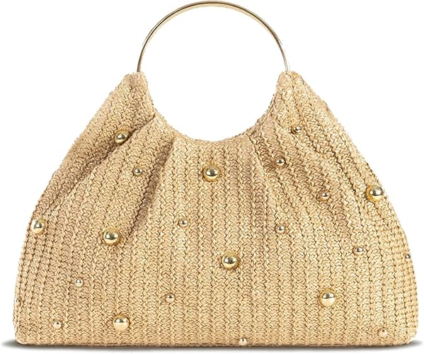 Borsa di paglia da donna, borsa intrecciata con borchie dorate e manico ad anello, borsa da spiaggia estiva in stile boho, borsetta chic in rafia per le vacanze