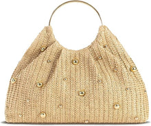 Carica l'immagine nel visualizzatore di Gallery, Borsa di paglia da donna, borsa intrecciata con borchie dorate e manico ad anello, borsa da spiaggia estiva in stile boho, borsetta chic in rafia per le vacanze