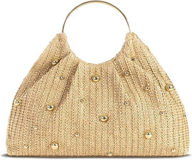 Borsa di paglia da donna, borsa intrecciata con borchie dorate e manico ad anello, borsa da spiaggia estiva in stile boho, borsetta chic in rafia per le vacanze