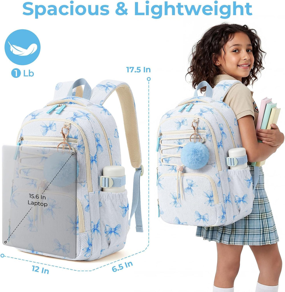 Zaino in velluto a coste per bambine, grazioso zaino scolastico dal design accattivante con molteplici tasche, borsa leggera adatta a laptop da 15,6".