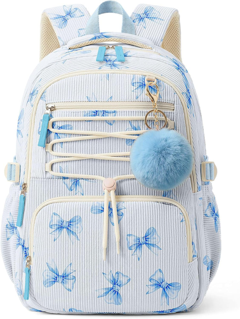 Zaino in velluto a coste per bambine, grazioso zaino scolastico dal design accattivante con molteplici tasche, borsa leggera adatta a laptop da 15,6".