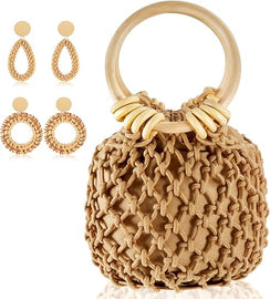 Mini pochette tote, 2 paia di orecchini in rattan per donna, borsa a tracolla, pochette intrecciata bohémien, borsa a secchiello