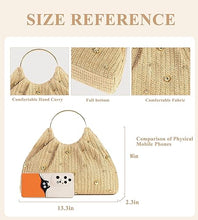 Carica l'immagine nel visualizzatore di Gallery, Borsa di paglia da donna, borsa intrecciata con borchie dorate e manico ad anello, borsa da spiaggia estiva in stile boho, borsetta chic in rafia per le vacanze