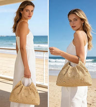 Carica l'immagine nel visualizzatore di Gallery, Borsa di paglia da donna, borsa intrecciata con borchie dorate e manico ad anello, borsa da spiaggia estiva in stile boho, borsetta chic in rafia per le vacanze
